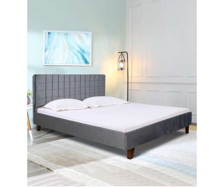 LeatherOn Rio Velvet Upholstered Queen Size Bed without Storage in Grey Colour