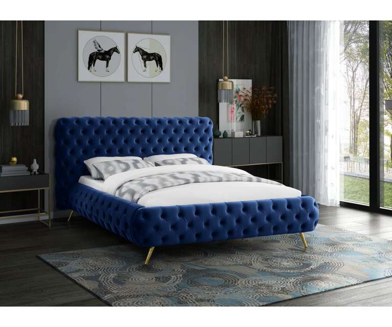 LeatherOn Colson Velvet Upholstered Queen Size Bed without Storage in Blue Colour