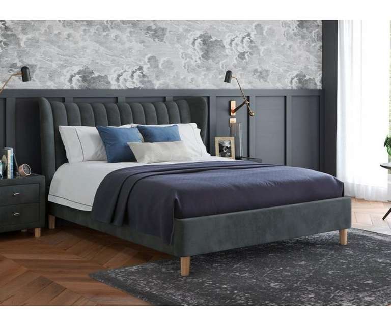 LeatherOn Magnus Velvet Upholstered King Size Bed without Storage in Grey Colour