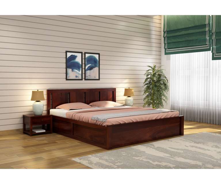 PlusOne Funen Solid Sheesham Wood King Size Bed with Box Storage in Walnut Finish