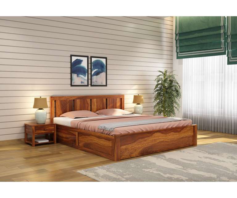 PlusOne Funen Solid Sheesham Wood Queen Size Bed with Box Storage in Teak Finish