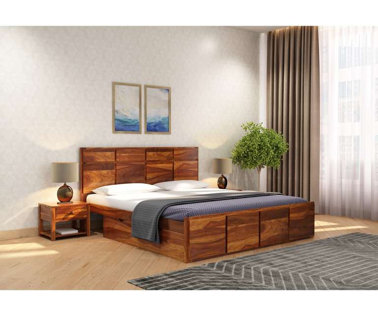 PlusOne New Andrott Solid Sheesham Wood King Size Bed with Drawer Storage in Teak Finish