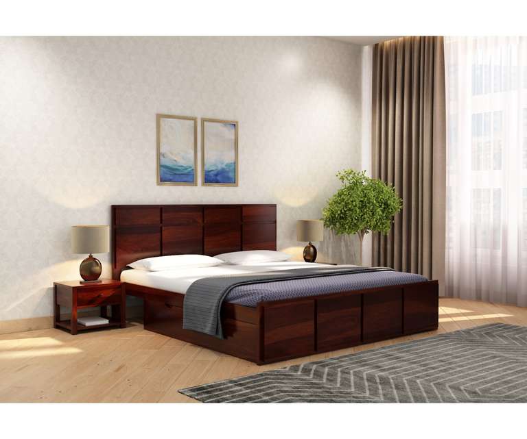 PlusOne New Andrott Solid Sheesham Wood King Size Bed with Drawer Storage in Walnut Finish
