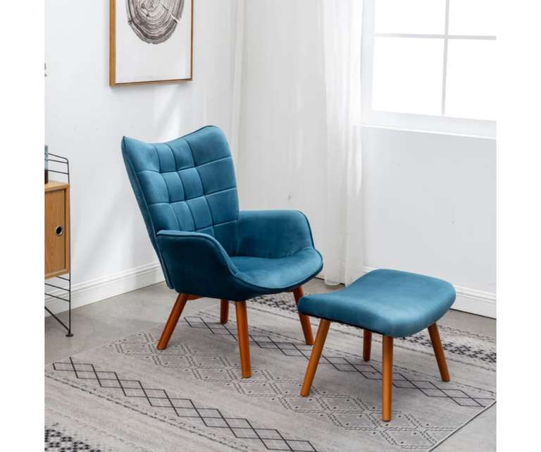 Doe Buck Embra Velvet Fabric Lounge Chair with Ottoman in Blue Colour