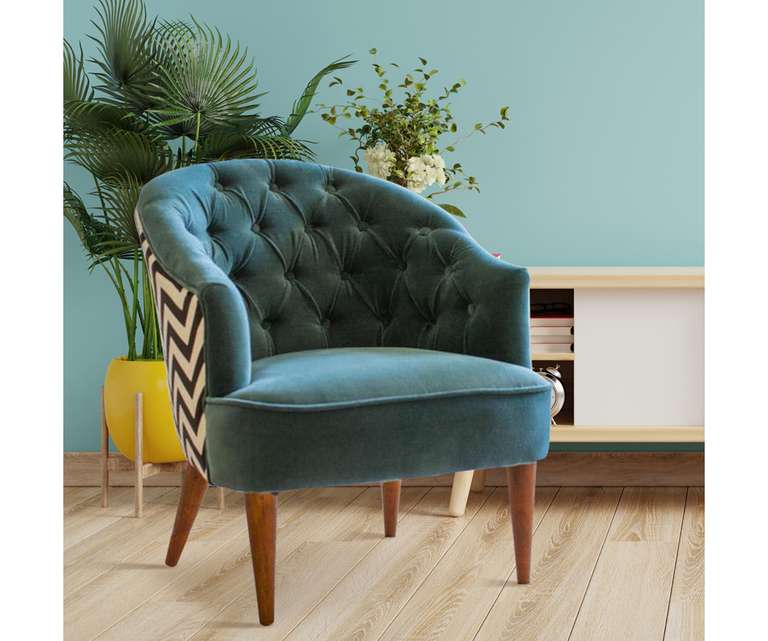 Doe Buck Mary Velvet Fabric Lounge Chair in Teal Colour