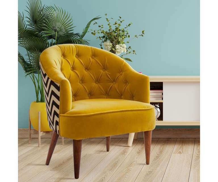 Doe Buck Mary Velvet Fabric Lounge Chair in Yellow Colour