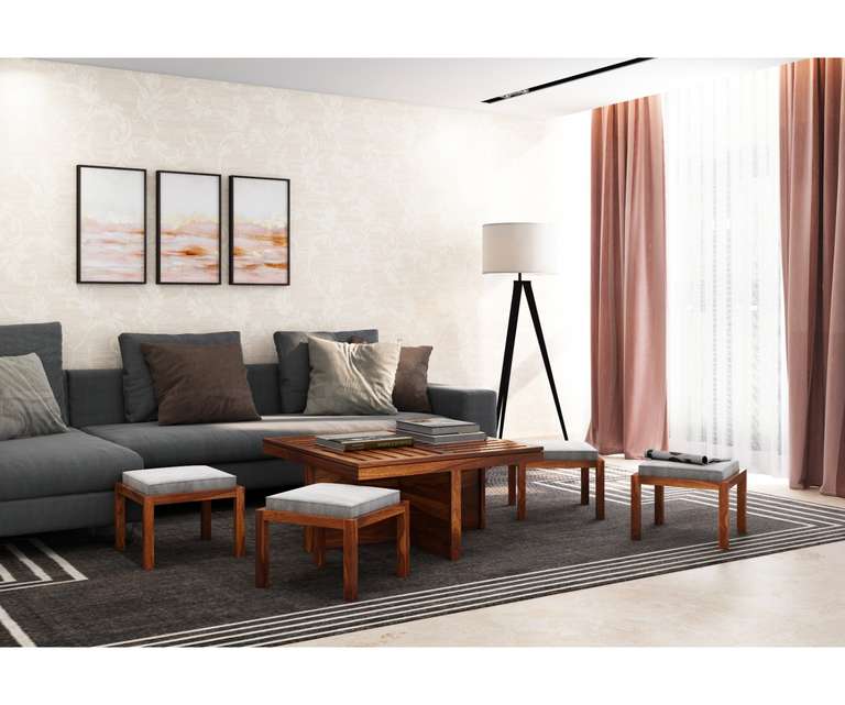 PlusOne Grande Square Sheesham Wood Coffee Table with 4 Stools in Grey Colour and Teak Finish