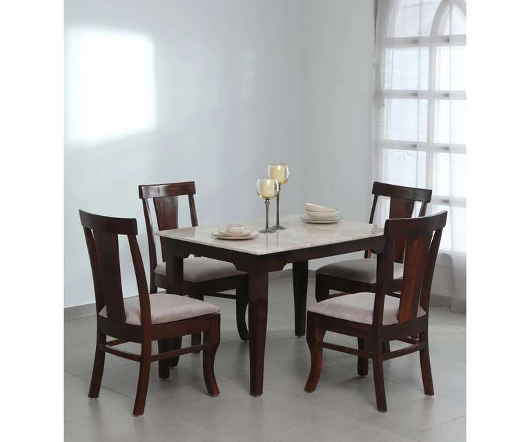 Crafted Marbles Plinto Marble Top 4 Seater Dining Set in Teak Wood Finish