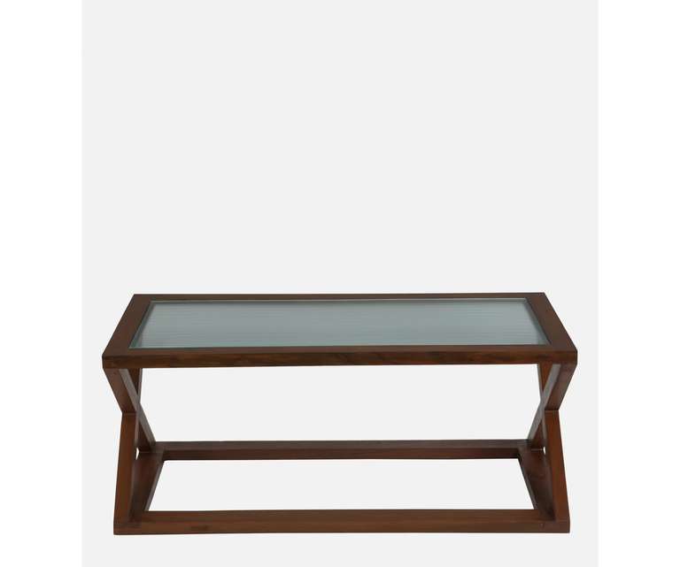 Crafted Marbles Fluted Rectangular Glass Top Coffee Table in Natual Teak Wood Finish