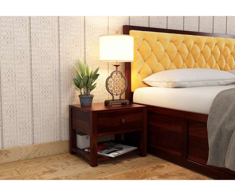 PlusOne Aklo Solid Sheesham Wood Bedside Table in Walnut Finish with Single Drawer