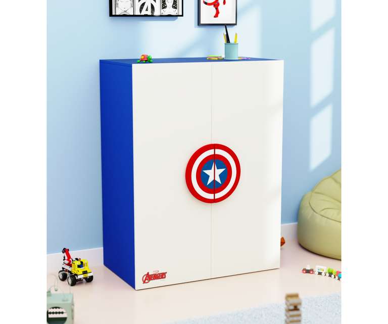 Boingg Avengers Engineered Wood Kids Storage Cabinet with Double Door in White & Blue Colour