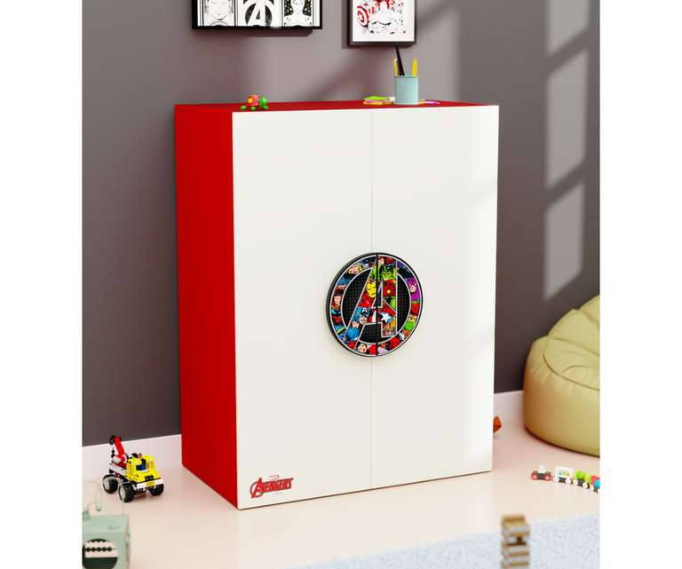 Boingg Avengers Engineered Wood Kids Storage Cabinet with Double Door in White & Red Colour