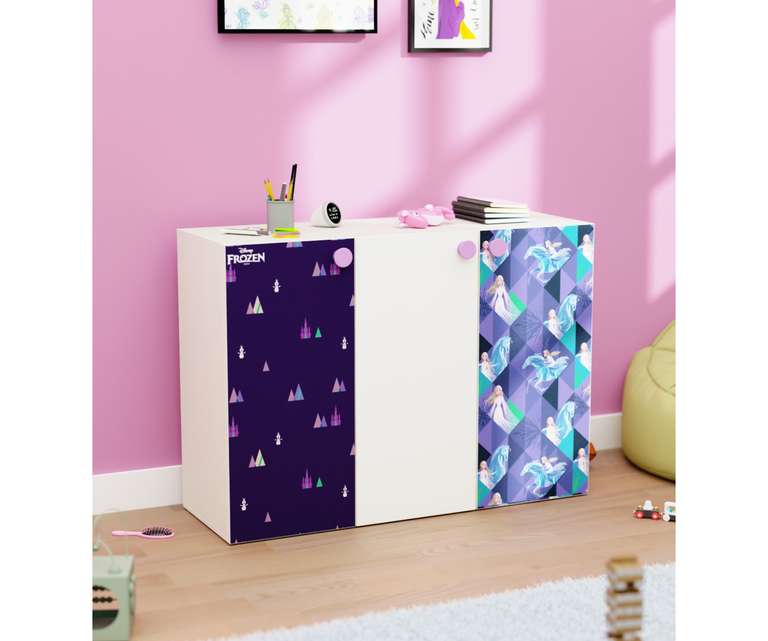 Boingg Frozen Engineered Wood Kids Storage Cabinet with Triple Door White & Print Colour 1
