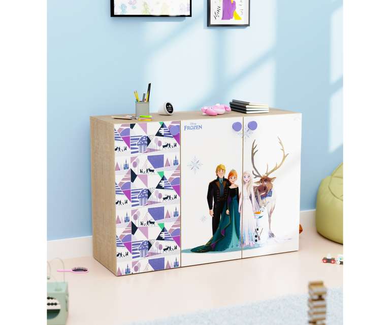 Boingg Frozen Engineered Wood Kids Storage Cabinet with Triple Door Natural & Print Colour