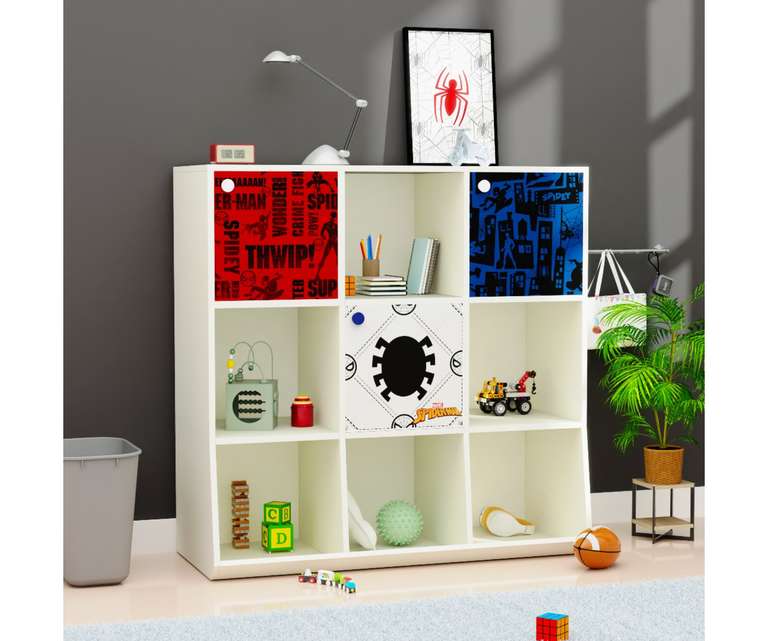 Boingg Hold All Spider Man Engineered Wood Kids Storage Cabinet with Open Shelves in Red Colour