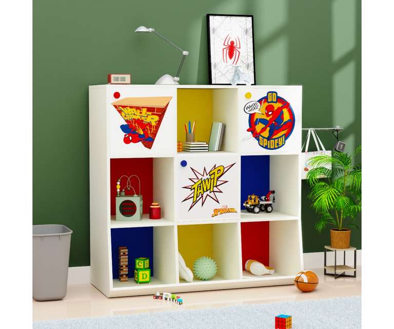Boingg Hold All Spidey Engineered Wood Kids Storage Cabinet with Open Shelves in Red Colour