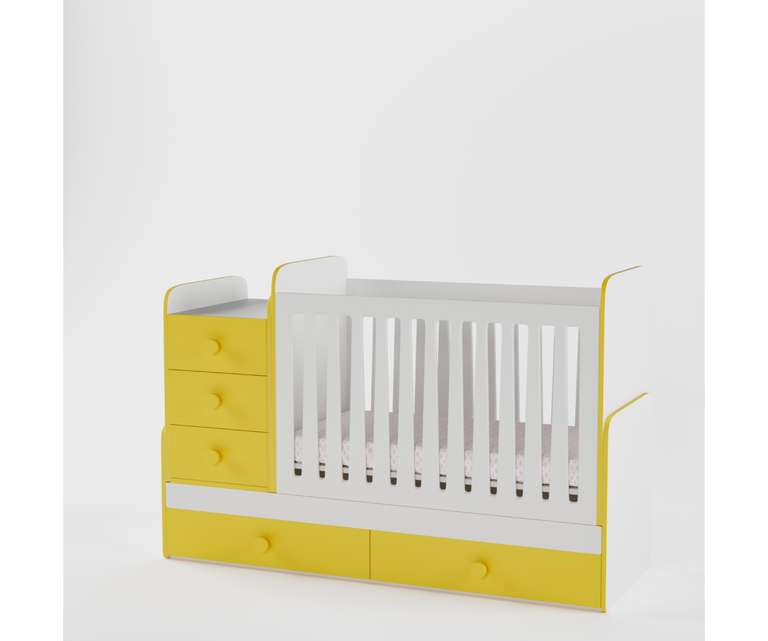 Boingg PeePod Engineered Wood Convertible Baby Crib with Drawer in White & Yellow Colour