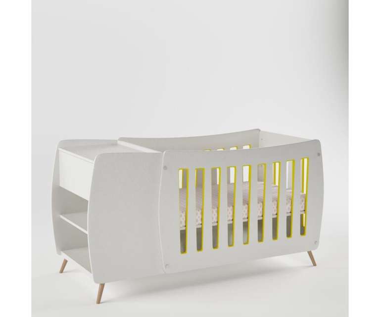 Boingg PeePod Engineered Wood Baby Crib with Daybed Railing and Shelves in White & Yellow Colour