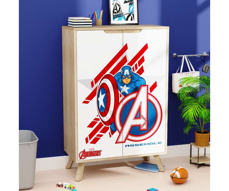 Boingg Picture Perfect Captain America Engineered Wood Kids Storage Cabinet with Double Door in Natural & Print Colour