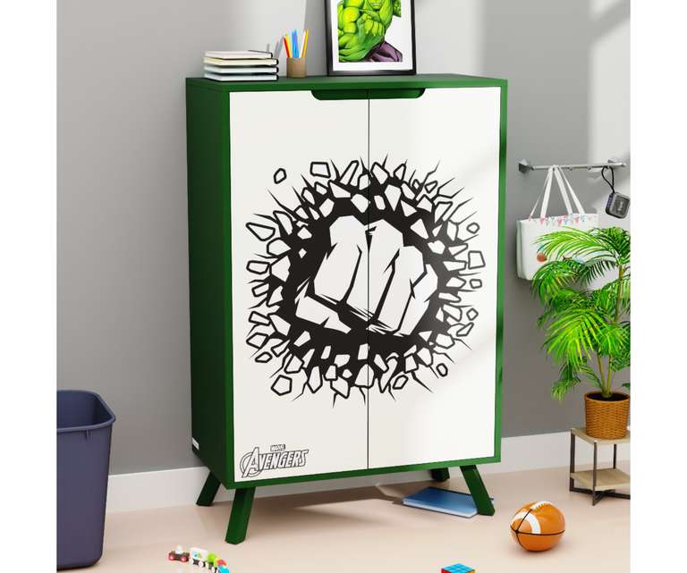 Boingg Picture Perfect Hulk Engineered Wood Kids Storage Cabinet with Double Door in Green & Print Colour
