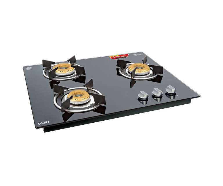 Glen 1063 RO IN HT BB 3 Burner Glass Built-in Hob with Auto Ignition in Black Colour