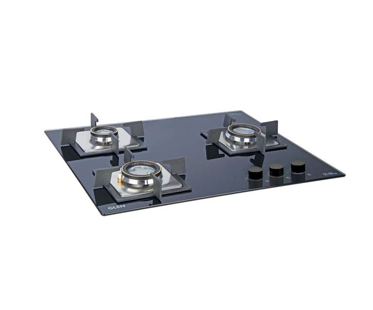Glen 1063 SQ 3 Burner Glass Built-in Hob with Auto Ignition in Black Colour