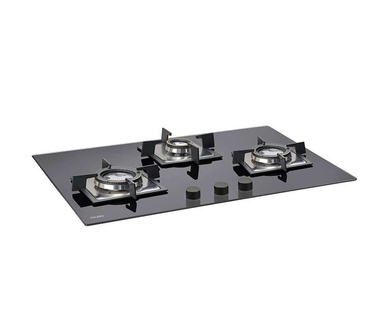 Glen 1073 SQ 3 Burner Glass Built-in Hob with Auto Ignition in Black Colour