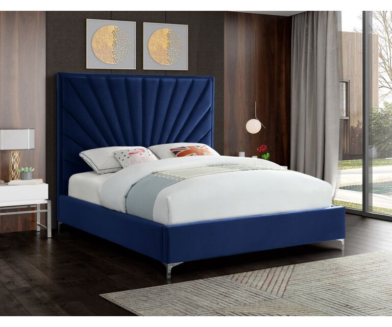 LeatherOn Sunrise Velvet Upholstered Queen Size Bed without Storage in Royal Blue Colour