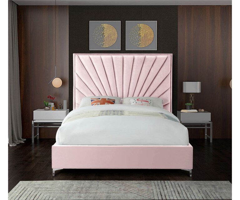 LeatherOn Sunrise Velvet Upholstered King Size Bed without Storage in Pink Colour