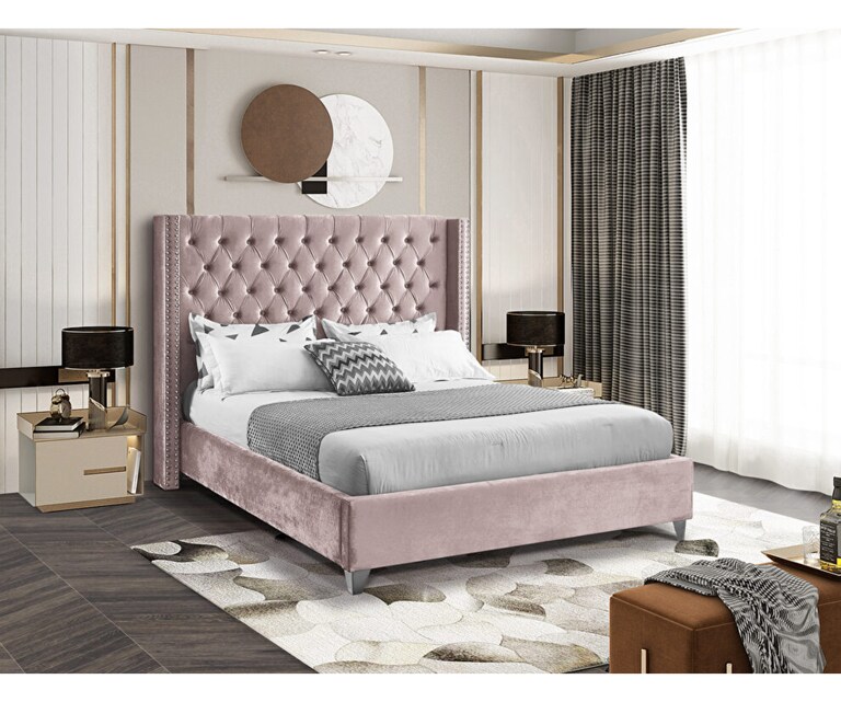 LeatherOn Azure Velvet Upholstered Queen Size Bed without Storage in Peach Colour