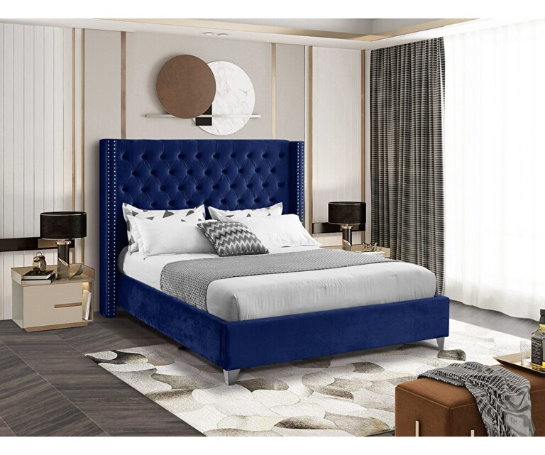 LeatherOn Azure Velvet Upholstered King Size Bed without Storage in Blue Colour