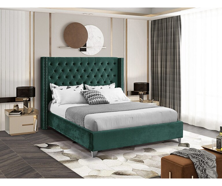 LeatherOn Azure Velvet Upholstered King Size Bed without Storage in Green Colour