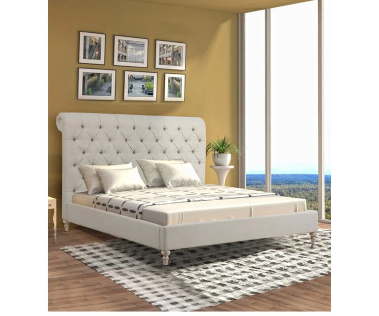 LeatherOn Beatrice Velvet Upholstered King Size Bed without Storage in Beige Colour