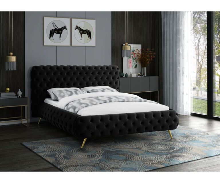 LeatherOn Colson Velvet Upholstered Queen Size Bed without Storage in Black Colour