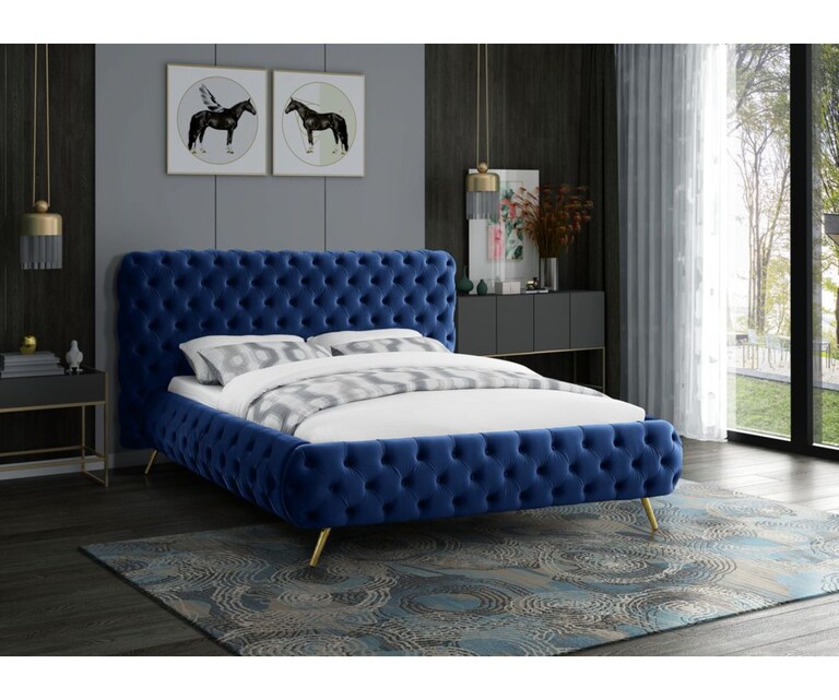 LeatherOn Colson Velvet Upholstered King Size Bed without Storage in Blue Colour