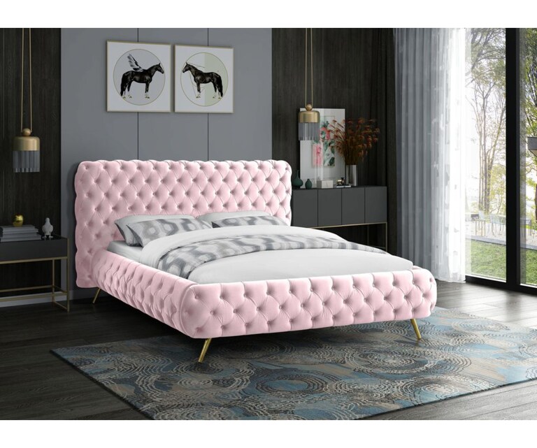 LeatherOn Colson Velvet Upholstered King Size Bed without Storage in Pink Colour