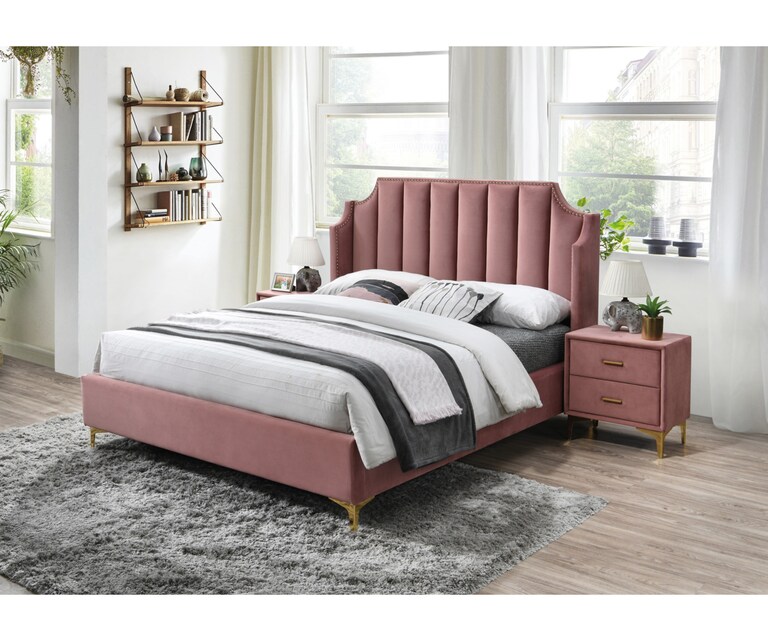 LeatherOn Persia Velvet Upholstered Queen Size Bed without Storage in Pink Colour