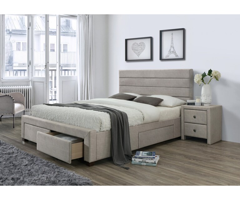 LeatherOn Alansa Velvet Upholstered King Size Bed with Drawer Storage in Beige Colour