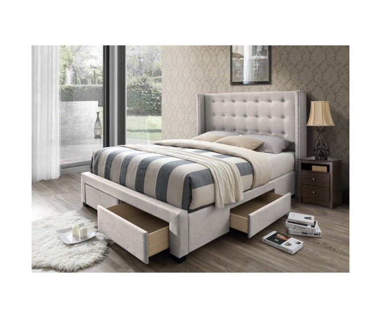 LeatherOn Eva Velvet Upholstered King Size Bed with Drawer Storage in Beige Colour