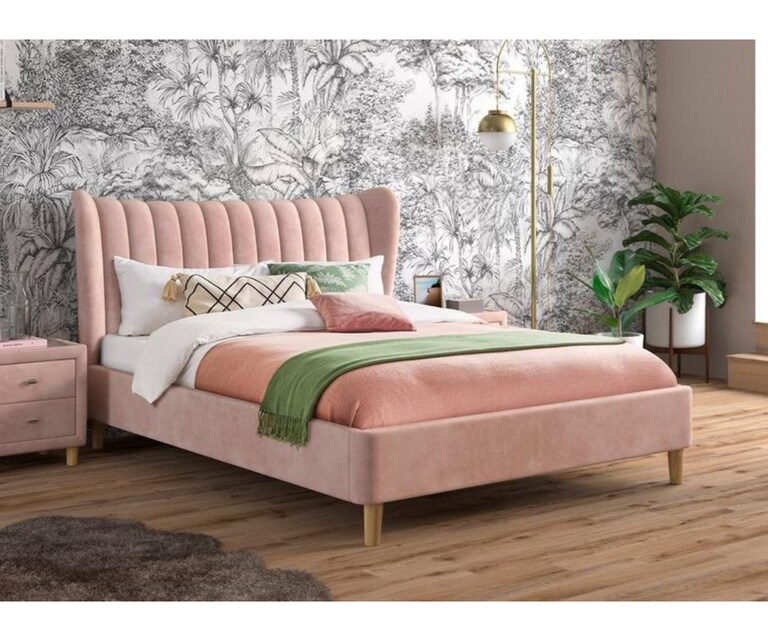 LeatherOn Magnus Velvet Upholstered King Size Bed without Storage in Pink Colour