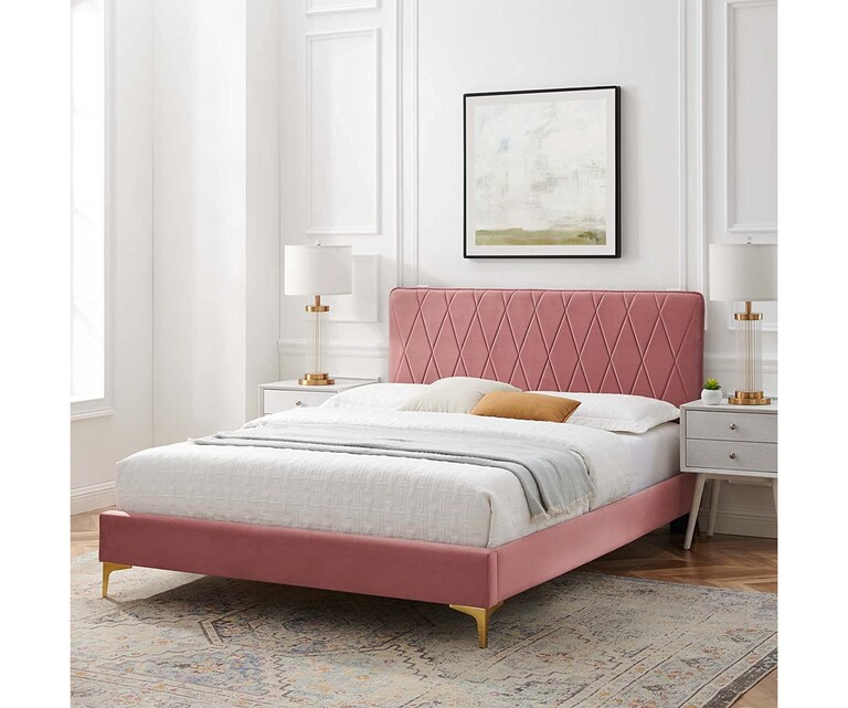 LeatherOn Boho Velvet Upholstered King Size Bed without Storage in Pink Colour