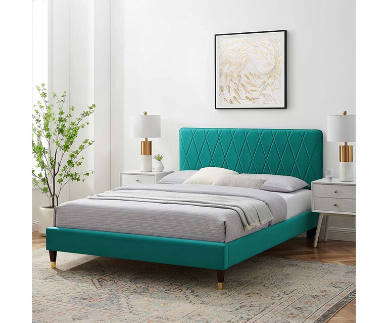 LeatherOn Boho Velvet Upholstered Queen Size Bed without Storage in Green Colour