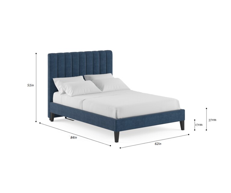 LeatherOn Nova Velvet Upholstered Queen Size Bed without Storage in Blue Colour