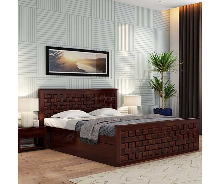 PlusOne Flamingo Solid Sheesham Wood King Size Bed with Side Drawer in Walnut Finish