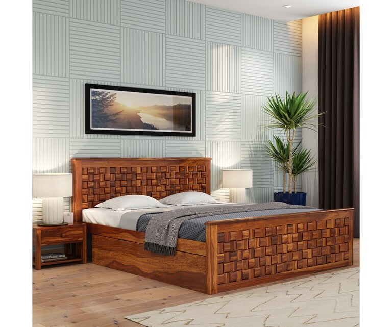 PlusOne Flamingo Solid Sheesham Wood Queen Size Bed with Side Drawer in Teak Finish