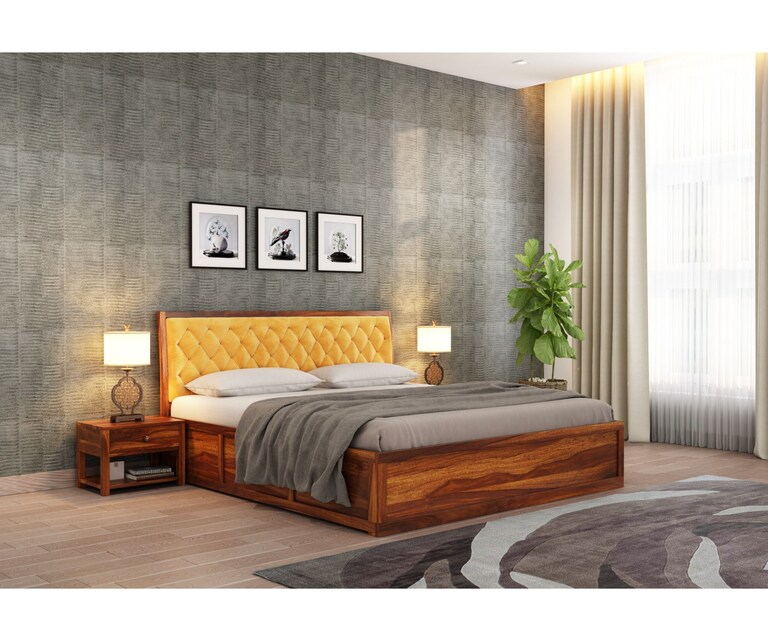 PlusOne Aria Solid Sheesham Wood Yellow Cushioned King Size Bed with Box Storage in Teak Finish
