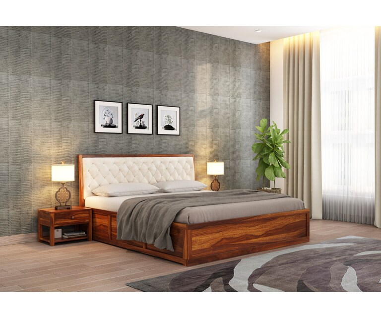 PlusOne Aria Solid Sheesham Wood Cream Cushioned Queen Size Bed with Box Storage in Teak Finish