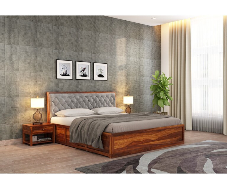 PlusOne Aria Solid Sheesham Wood Grey Cushioned Queen Size Bed with Box Storage in Teak Finish