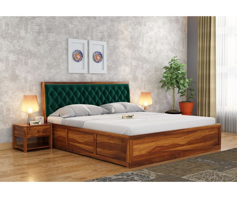 PlusOne Aria Solid Sheesham Wood Green Cushioned Queen Size Bed with Hydraulic Storage in Teak Finish