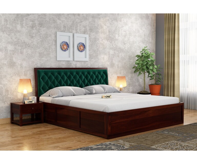 PlusOne Aria Solid Sheesham Wood Green Cushioned Queen Size Bed with Hydraulic Storage in Walnut Finish